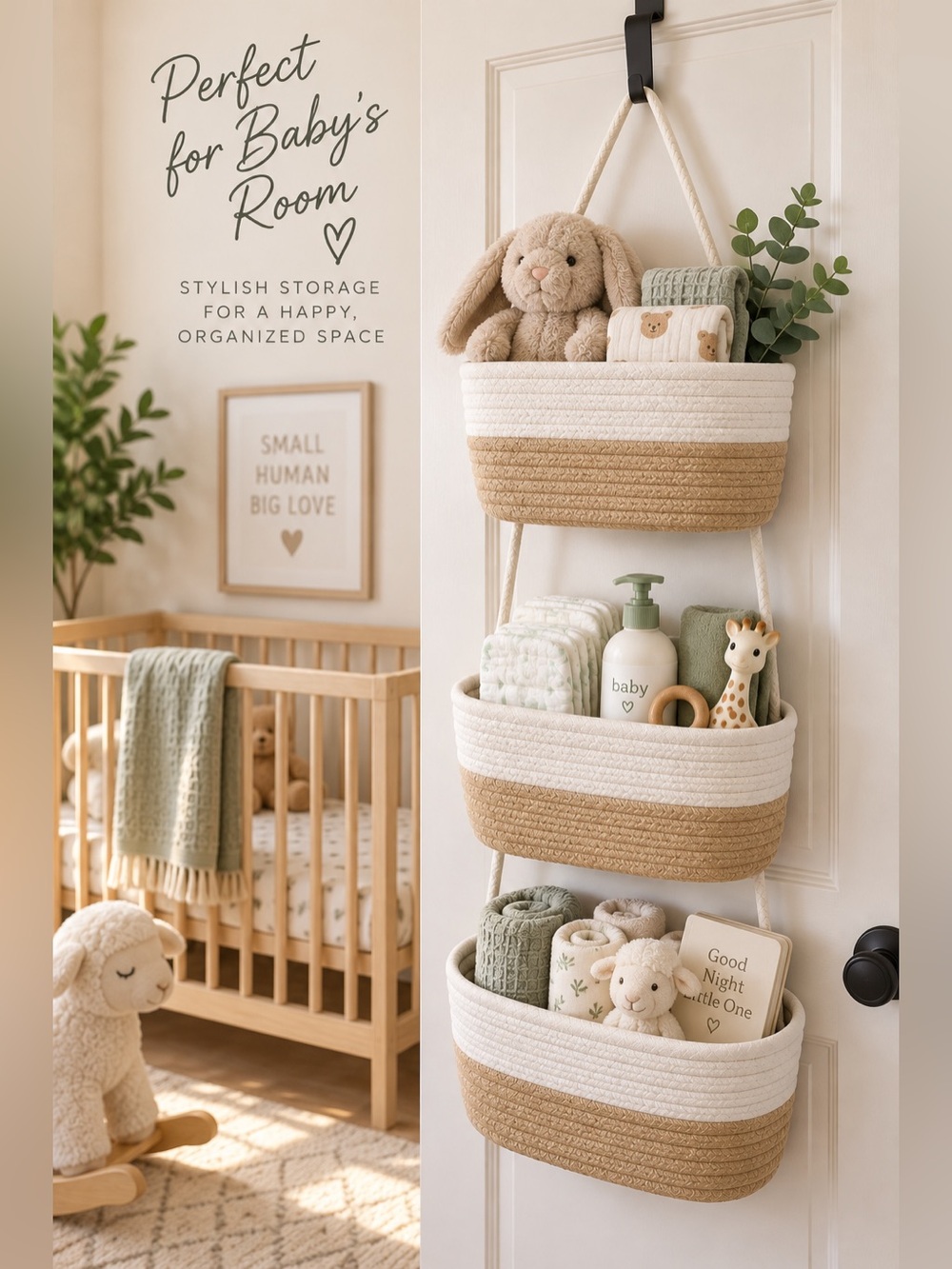 Kirkton House 3 Tier Hanging Basket Organizer White Natural Woven Boho Storage